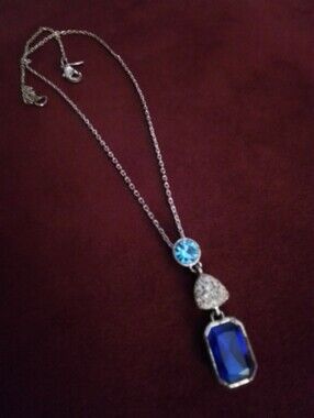 Silver-Tone Blue Crystal Drop Necklace - Blue